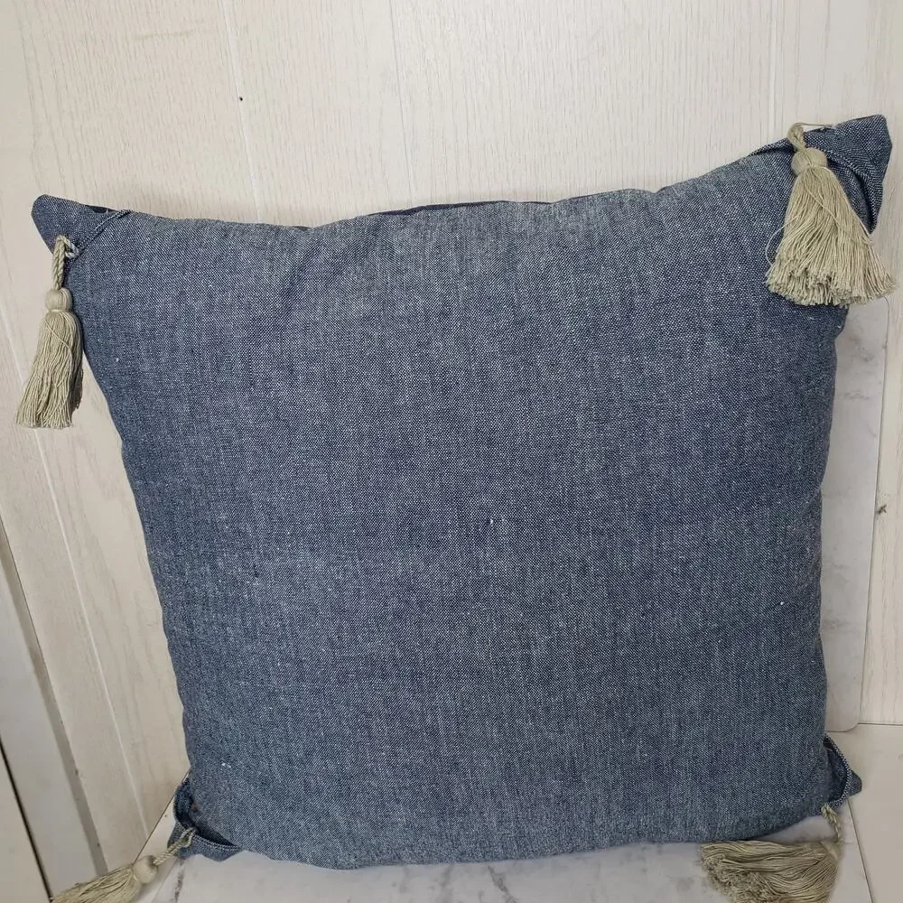 Carol& Frank blue and cream tassel striped printed decorative throw pillow 18X18